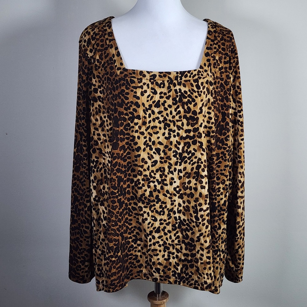 Grace Leopard Print Top Womens 3X Square Neck Stretch Animal Safari Office Work